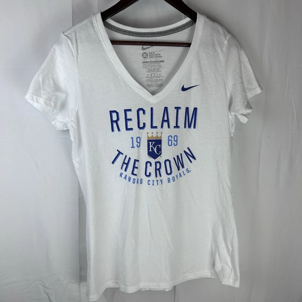 Kansas City Royals Nike Shirt Womens XL White Slim Fit V-Neck Reclaim The Crown